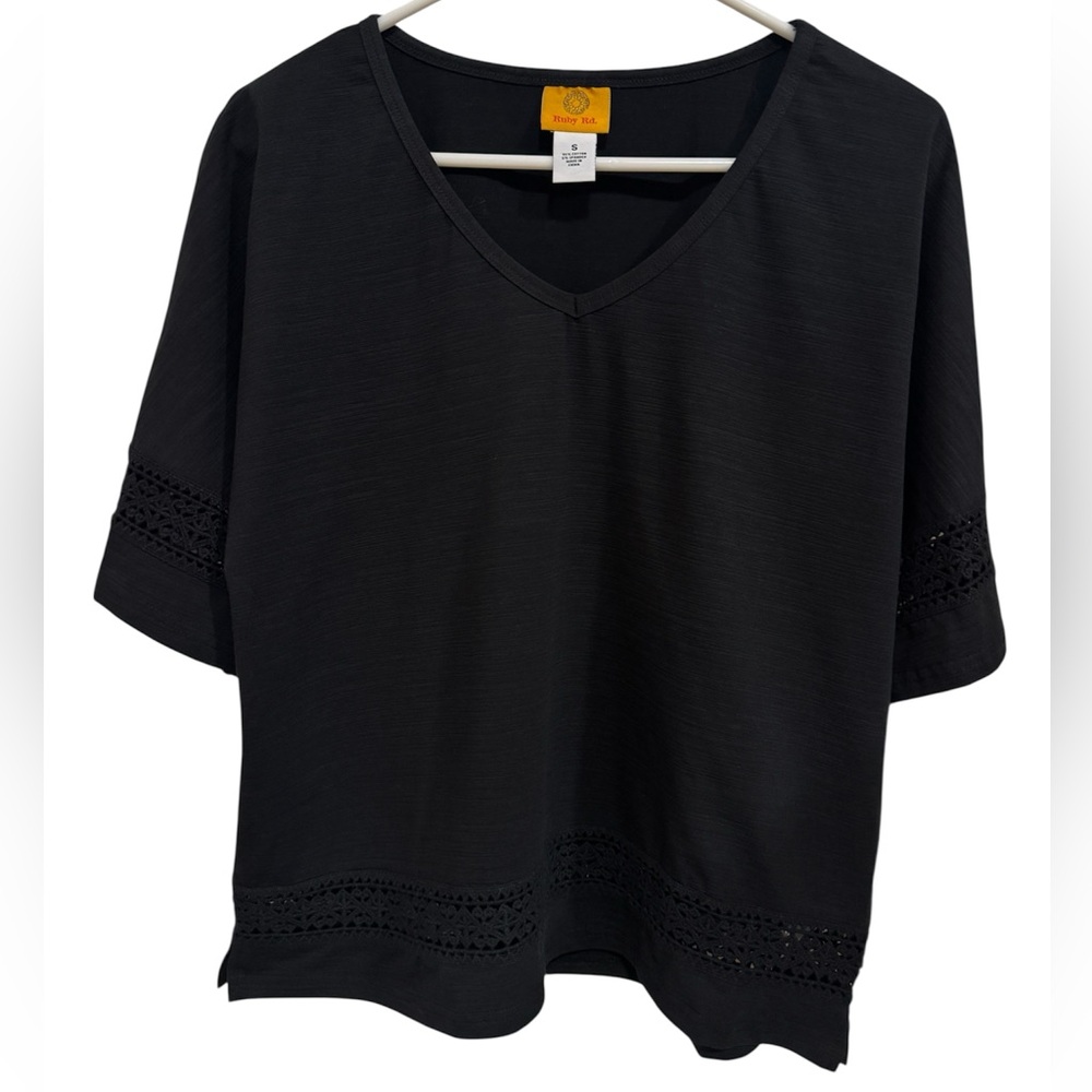 Ruby Rd. black cotton blouse with lace NWT